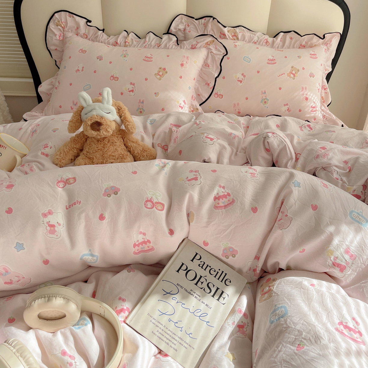 91家纺网 家纺一手货源 找家纺 韩巢家纺 2026新款水洗棉花边款四件套 软糖猫【大花边款】