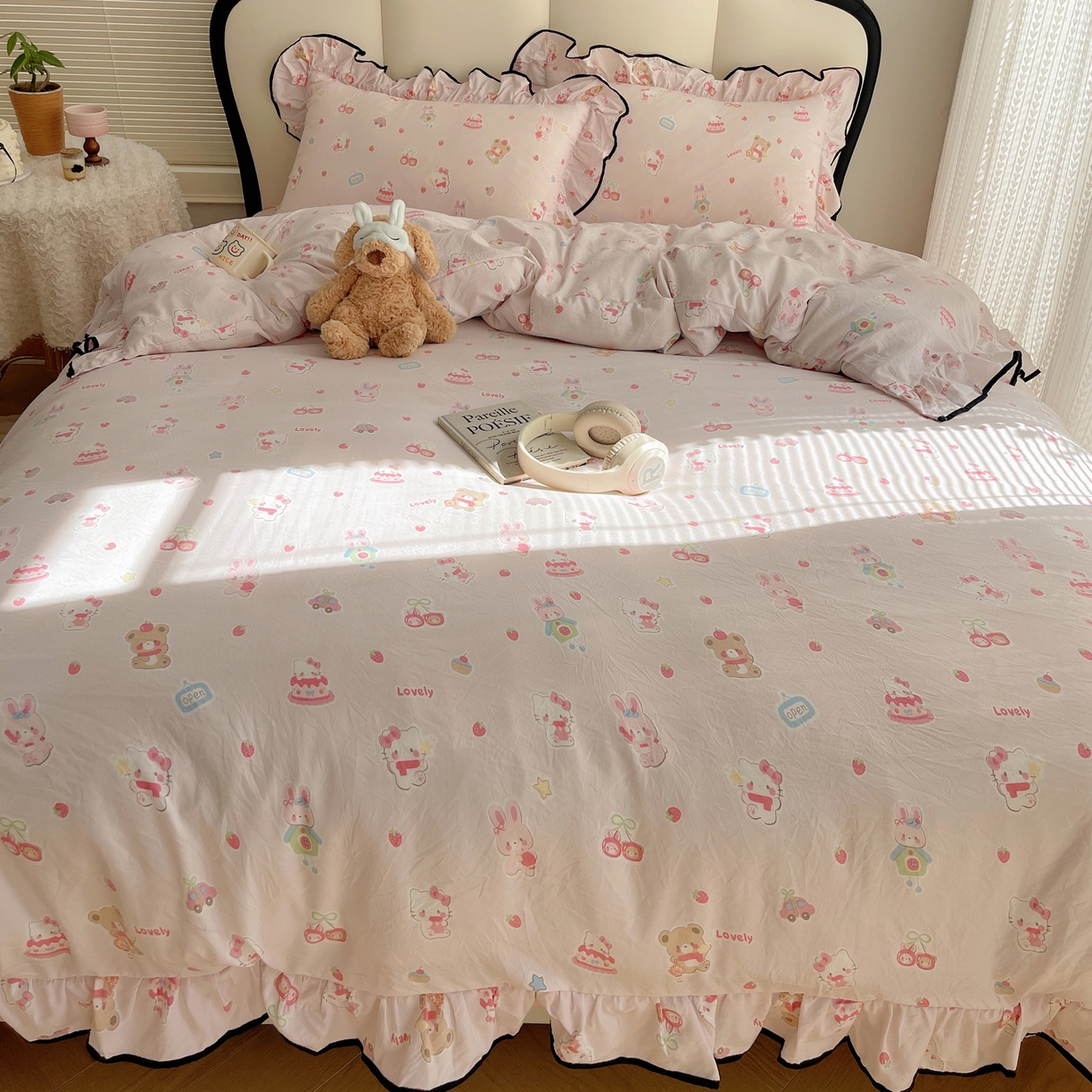 91家纺网 家纺一手货源 找家纺 韩巢家纺 2026新款水洗棉花边款四件套 软糖猫【大花边款】