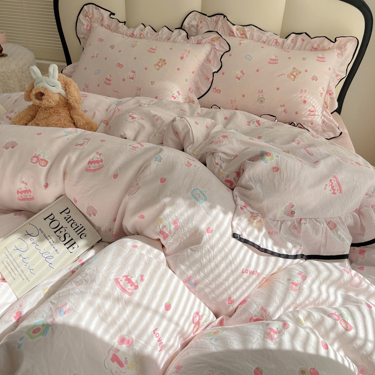 91家纺网 家纺一手货源 找家纺 韩巢家纺 2026新款水洗棉花边款四件套 软糖猫【大花边款】