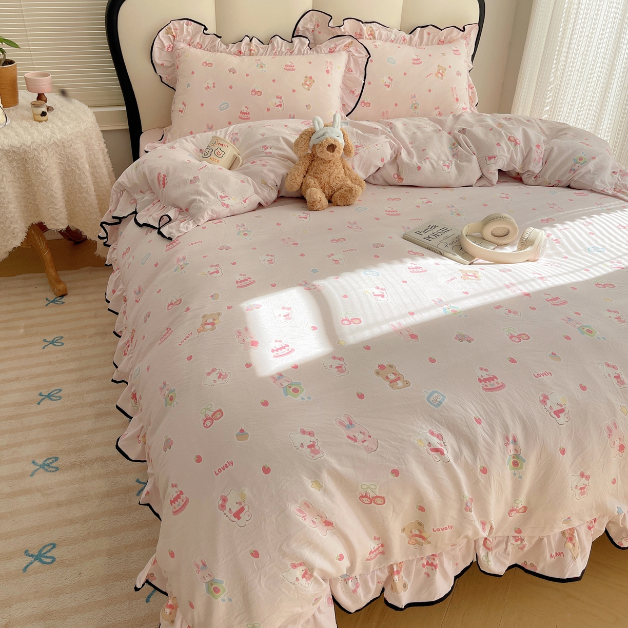 91家纺网 家纺一手货源 找家纺 韩巢家纺 2026新款水洗棉花边款四件套 软糖猫【大花边款】