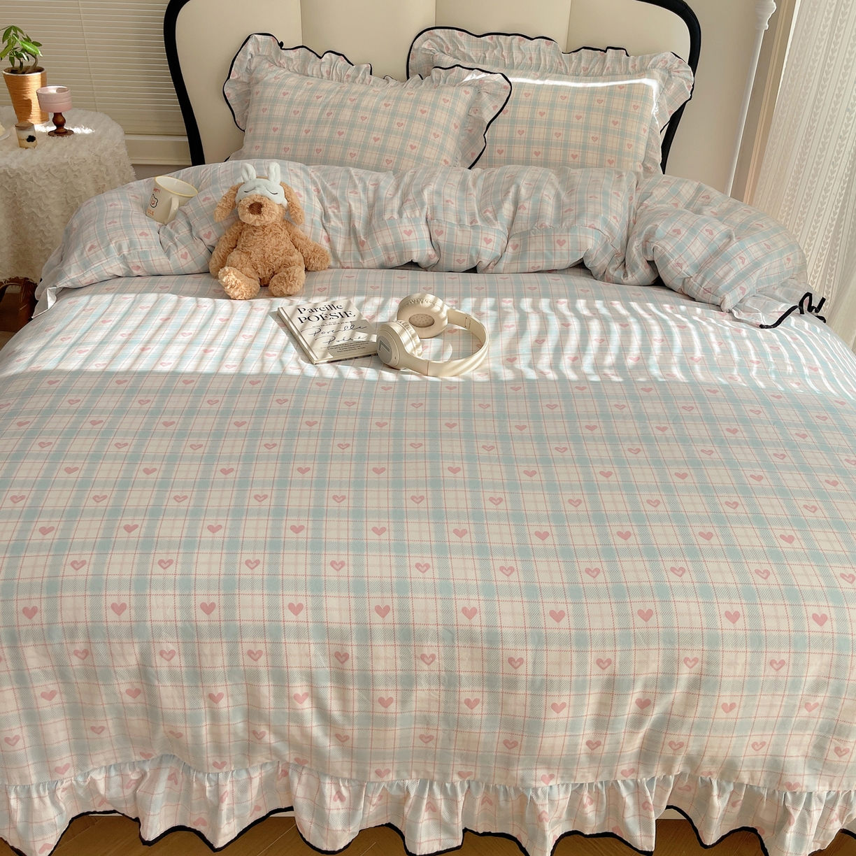 91家纺网 家纺一手货源 找家纺 韩巢家纺 2026新款水洗棉花边款四件套 温暖粉心【大花边款】