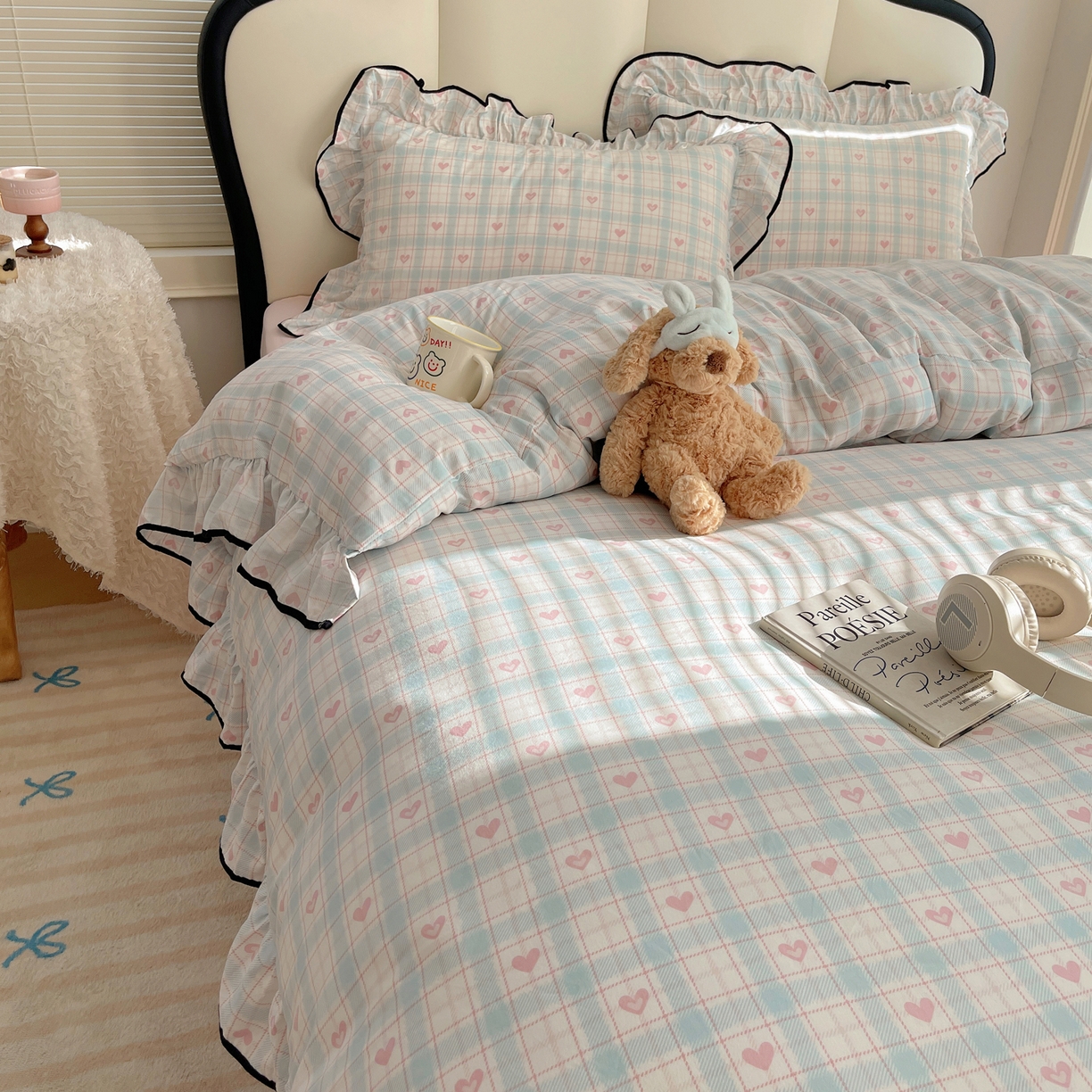 91家纺网 家纺一手货源 找家纺 韩巢家纺 2026新款水洗棉花边款四件套 温暖粉心【大花边款】