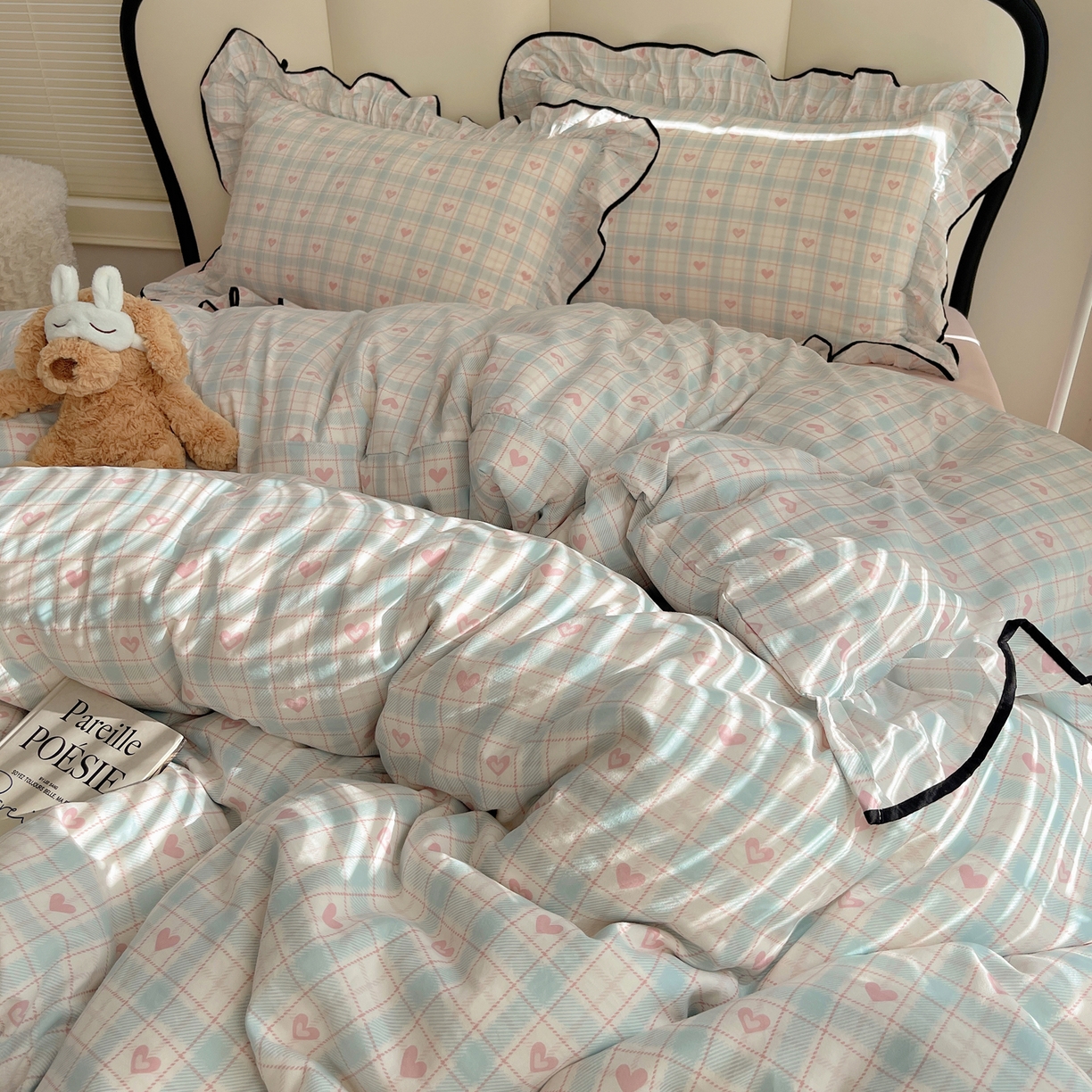 91家纺网 家纺一手货源 找家纺 韩巢家纺 2026新款水洗棉花边款四件套 温暖粉心【大花边款】