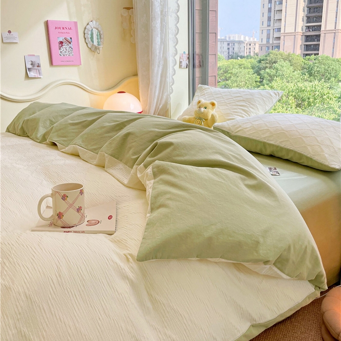 91家纺网 家纺一手货源 找家纺 琪格格纺织 2026新款纯棉色织肌理纹提花华夫格纯棉轻奢简约款四件套 泡泡纱米白奶绿