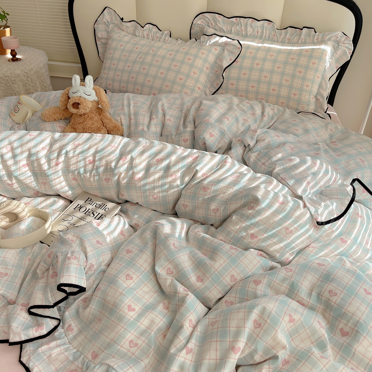 91家纺网 家纺一手货源 找家纺 韩巢家纺 2026新款水洗棉花边款四件套 温暖粉心【大花边款】