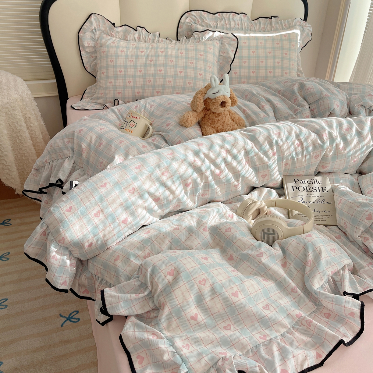 91家纺网 家纺一手货源 找家纺 韩巢家纺 2026新款水洗棉花边款四件套 温暖粉心【大花边款】