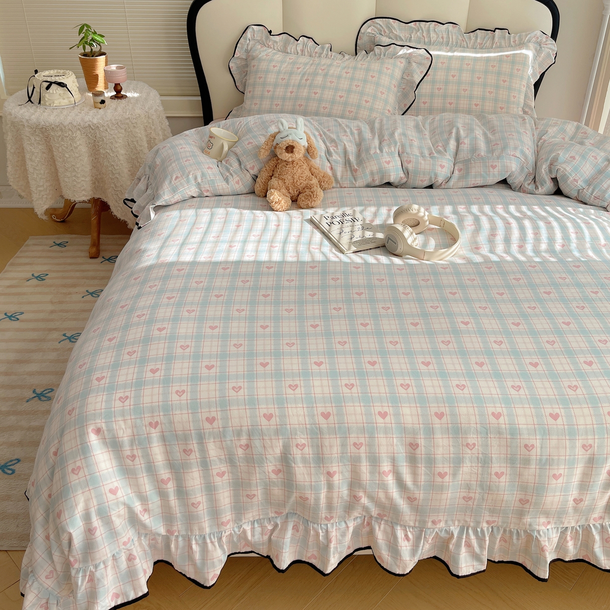 91家纺网 家纺一手货源 找家纺 韩巢家纺 2026新款水洗棉花边款四件套 温暖粉心【大花边款】