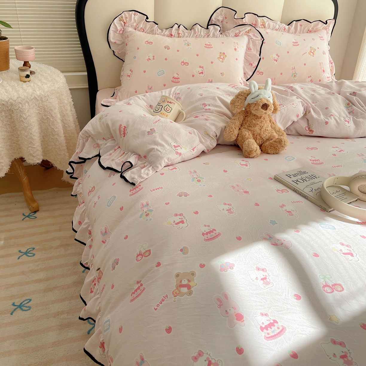 91家纺网 家纺一手货源 找家纺 韩巢家纺 2026新款水洗棉花边款四件套 软糖猫【大花边款】