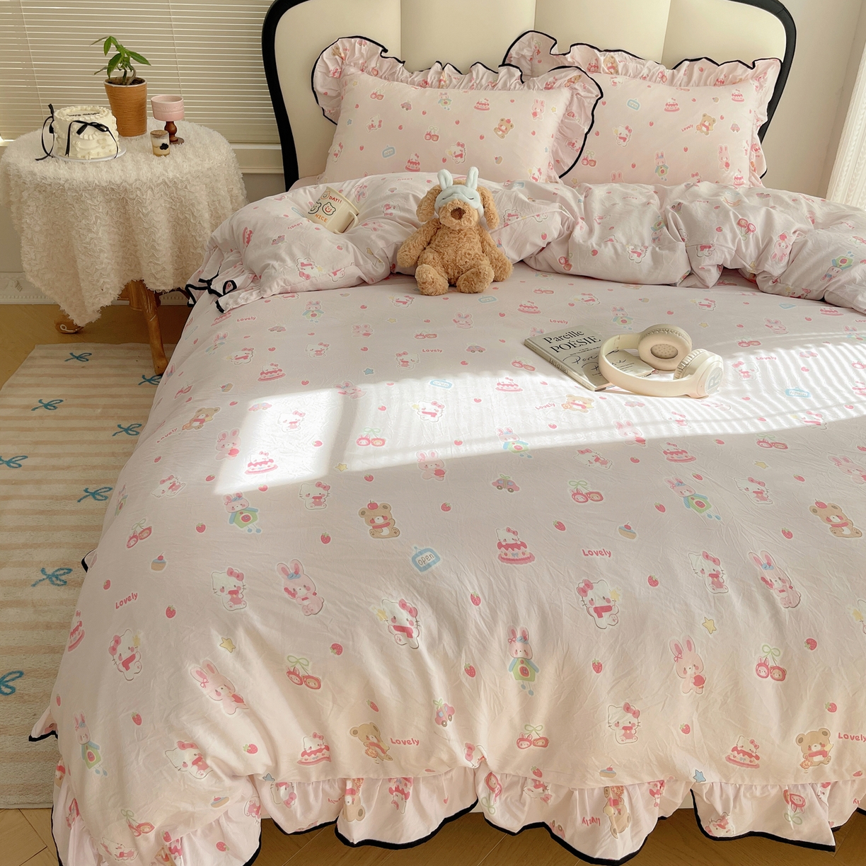 91家纺网 家纺一手货源 找家纺 韩巢家纺 2026新款水洗棉花边款四件套 软糖猫【大花边款】