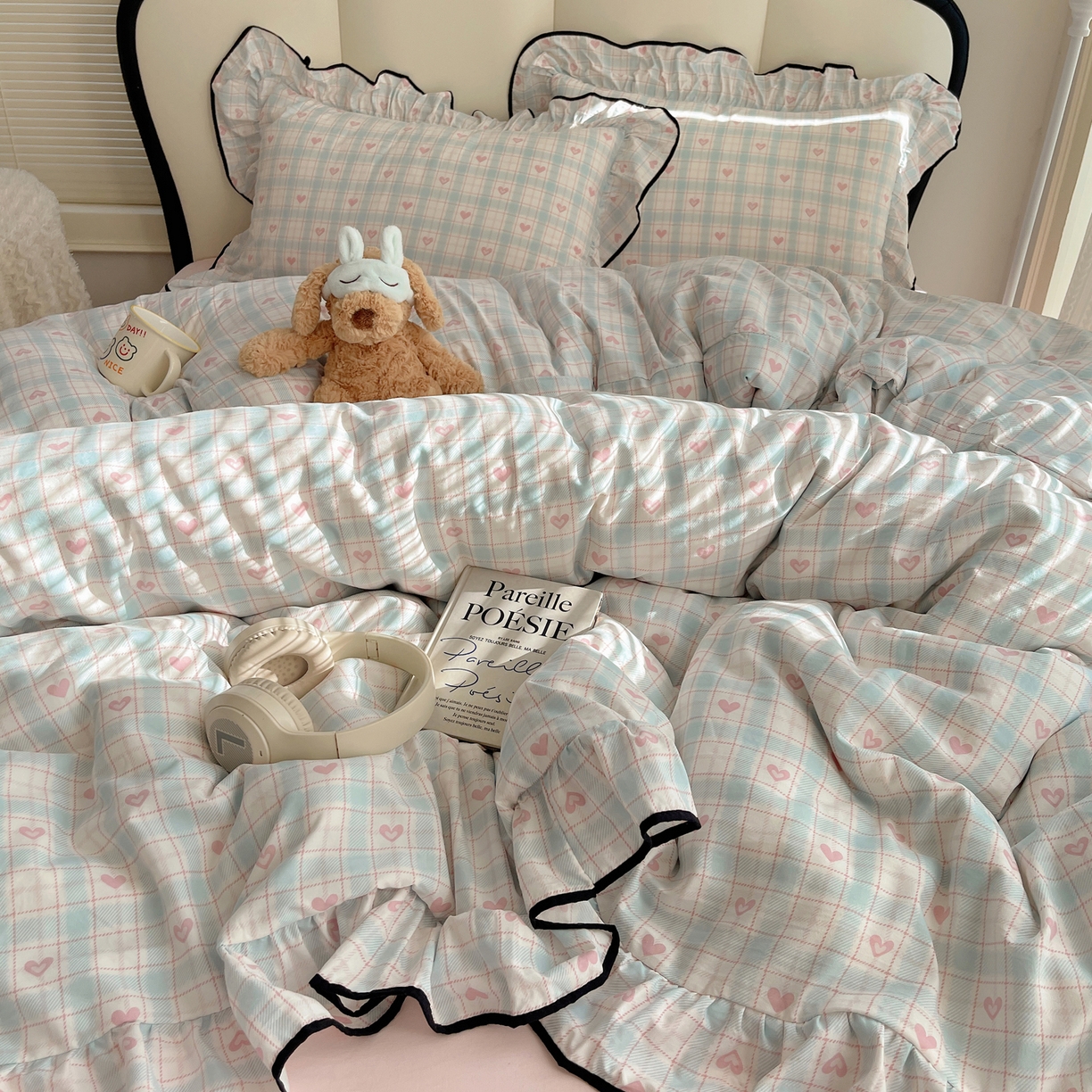 91家纺网 家纺一手货源 找家纺 韩巢家纺 2026新款水洗棉花边款四件套 温暖粉心【大花边款】