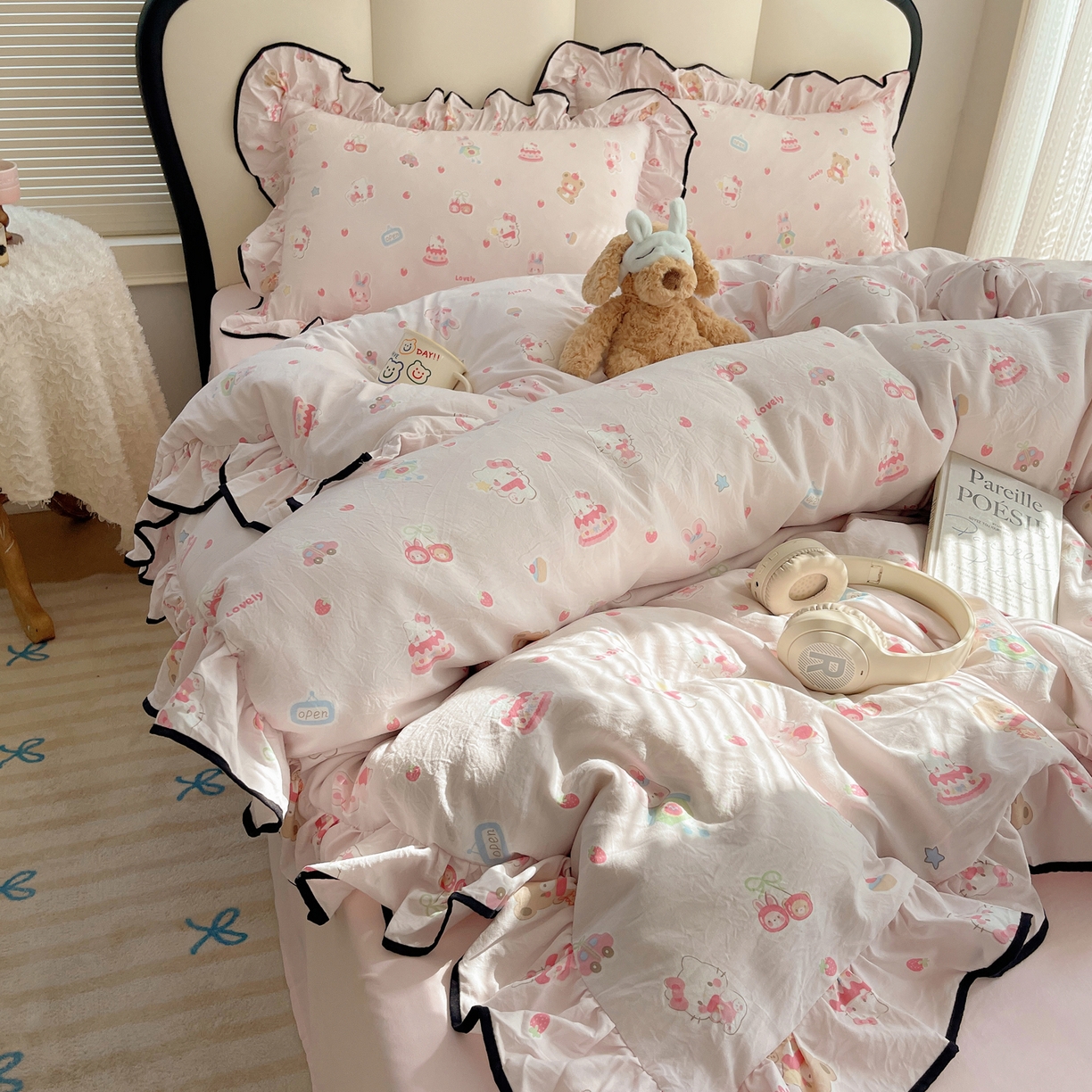 91家纺网 家纺一手货源 找家纺 韩巢家纺 2026新款水洗棉花边款四件套 软糖猫【大花边款】