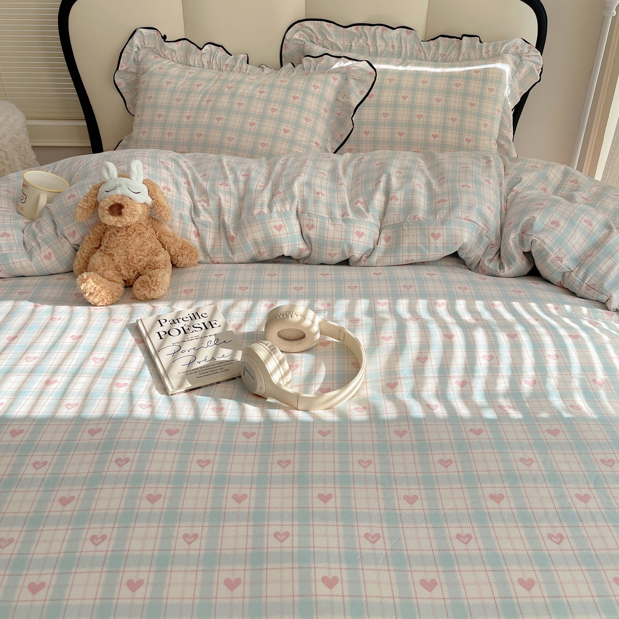 91家纺网 家纺一手货源 找家纺 韩巢家纺 2026新款水洗棉花边款四件套 温暖粉心【大花边款】