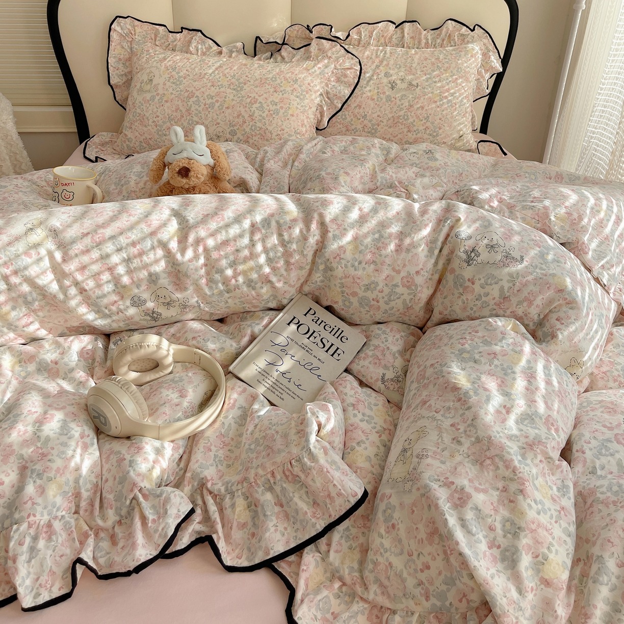 91家纺网 家纺一手货源 找家纺 韩巢家纺 2026新款水洗棉花边款四件套 幸运可爱兔【大花边款】