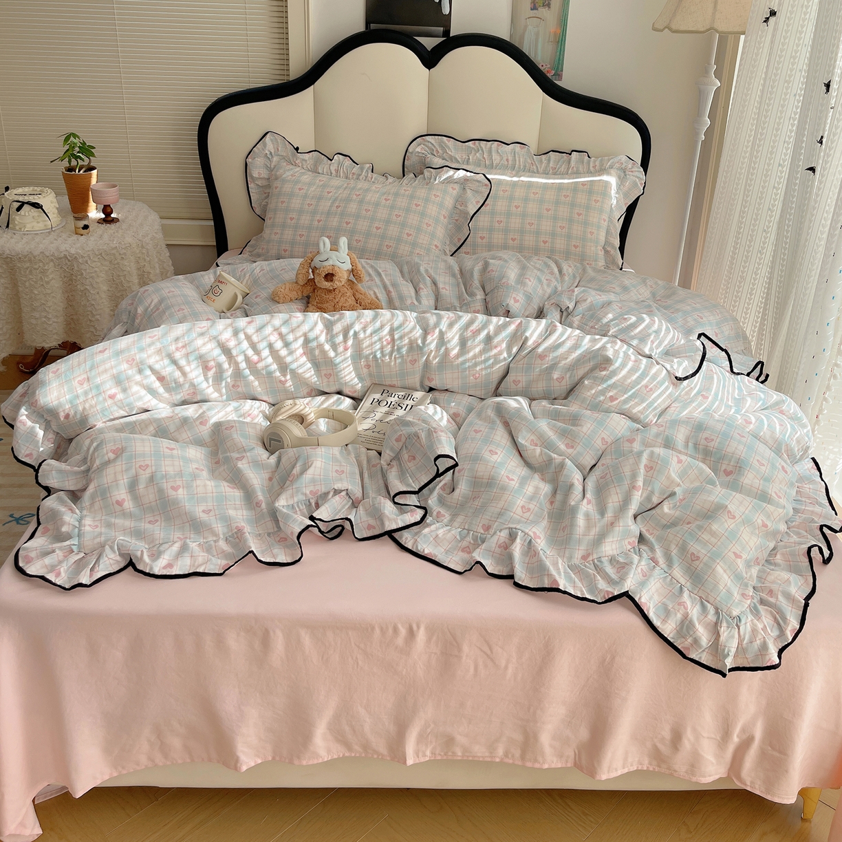 91家纺网 家纺一手货源 找家纺 韩巢家纺 2026新款水洗棉花边款四件套 温暖粉心【大花边款】