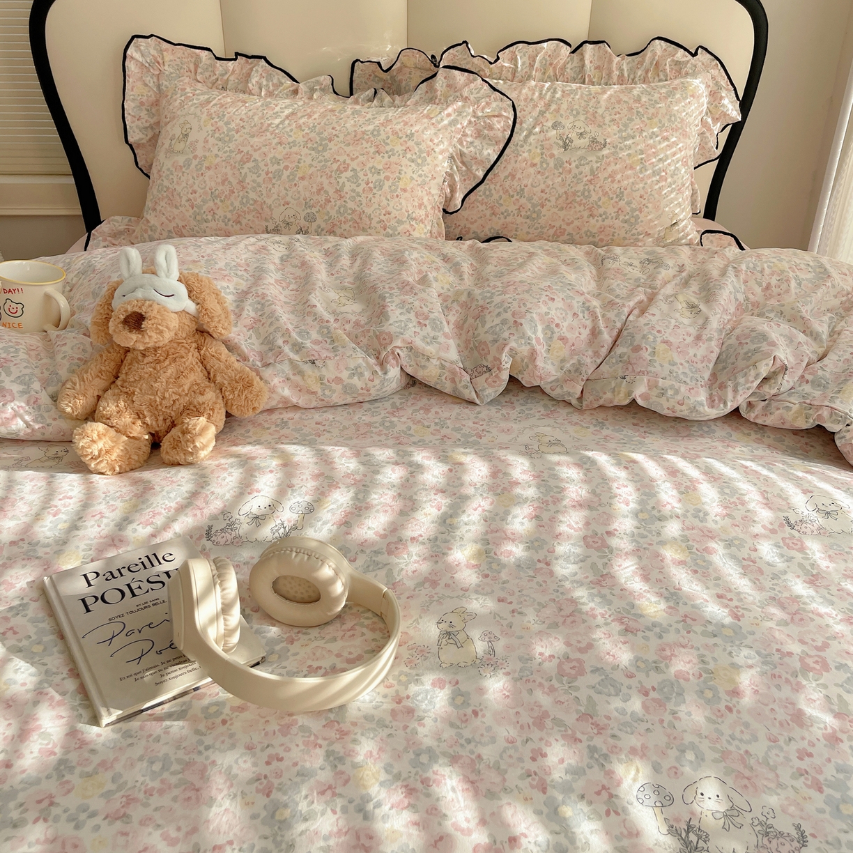 91家纺网 家纺一手货源 找家纺 韩巢家纺 2026新款水洗棉花边款四件套 幸运可爱兔【大花边款】