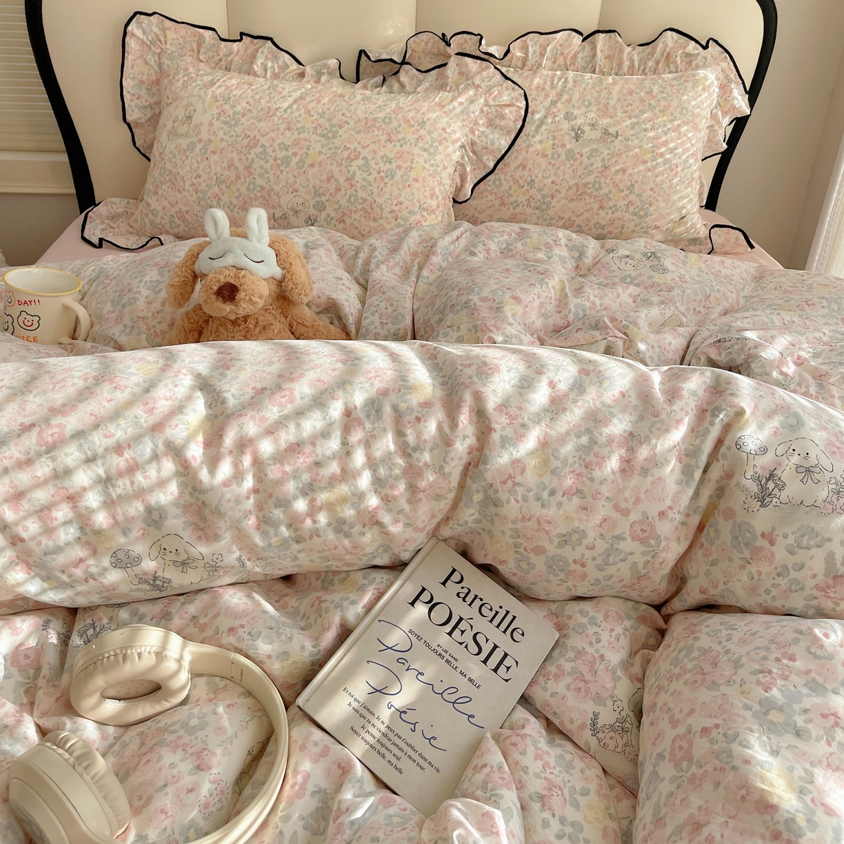 91家纺网 家纺一手货源 找家纺 韩巢家纺 2026新款水洗棉花边款四件套 幸运可爱兔【大花边款】