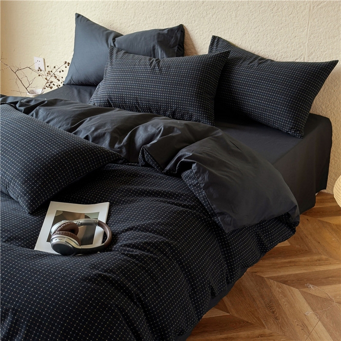 91家纺网 家纺一手货源 找家纺 琪格格纺织 2026新款纯棉色织肌理纹提花华夫格纯棉轻奢简约款四件套 时光里-高级蓝黑