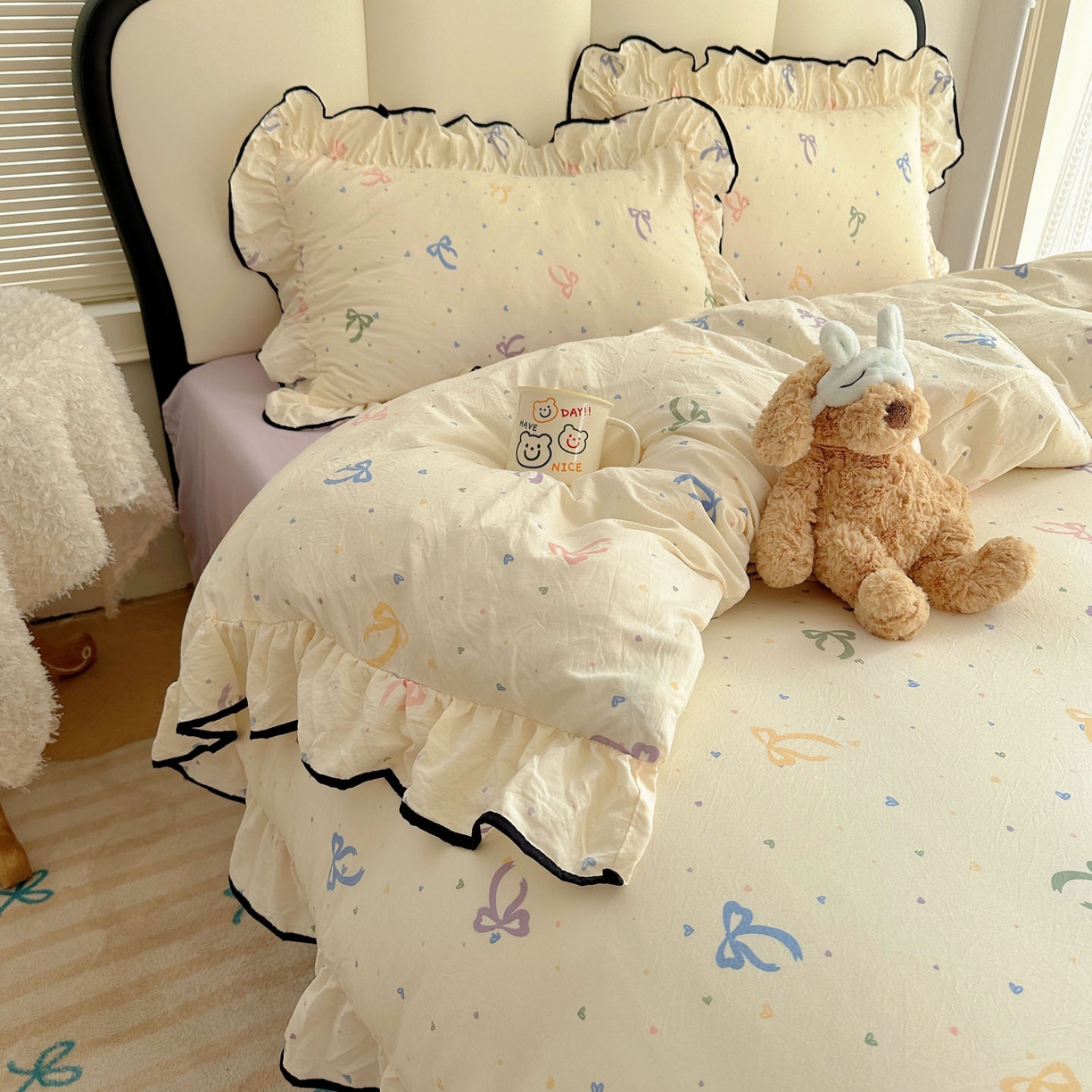 91家纺网 家纺一手货源 找家纺 韩巢家纺 2026新款水洗棉花边款四件套 星梦蝶结【大花边款】