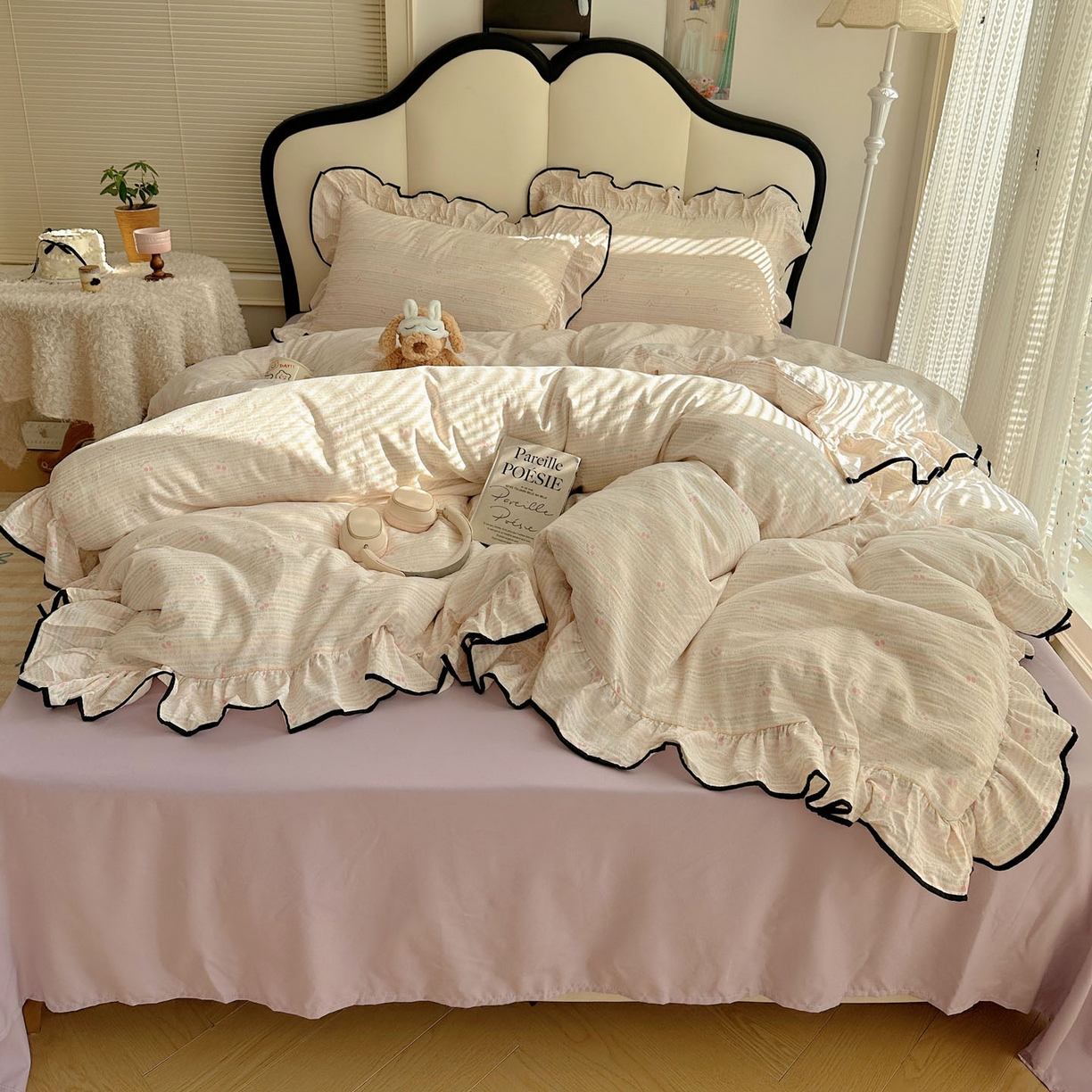 91家纺网 家纺一手货源 找家纺 韩巢家纺 2026新款水洗棉花边款四件套 甜樱恋曲【大花边款】