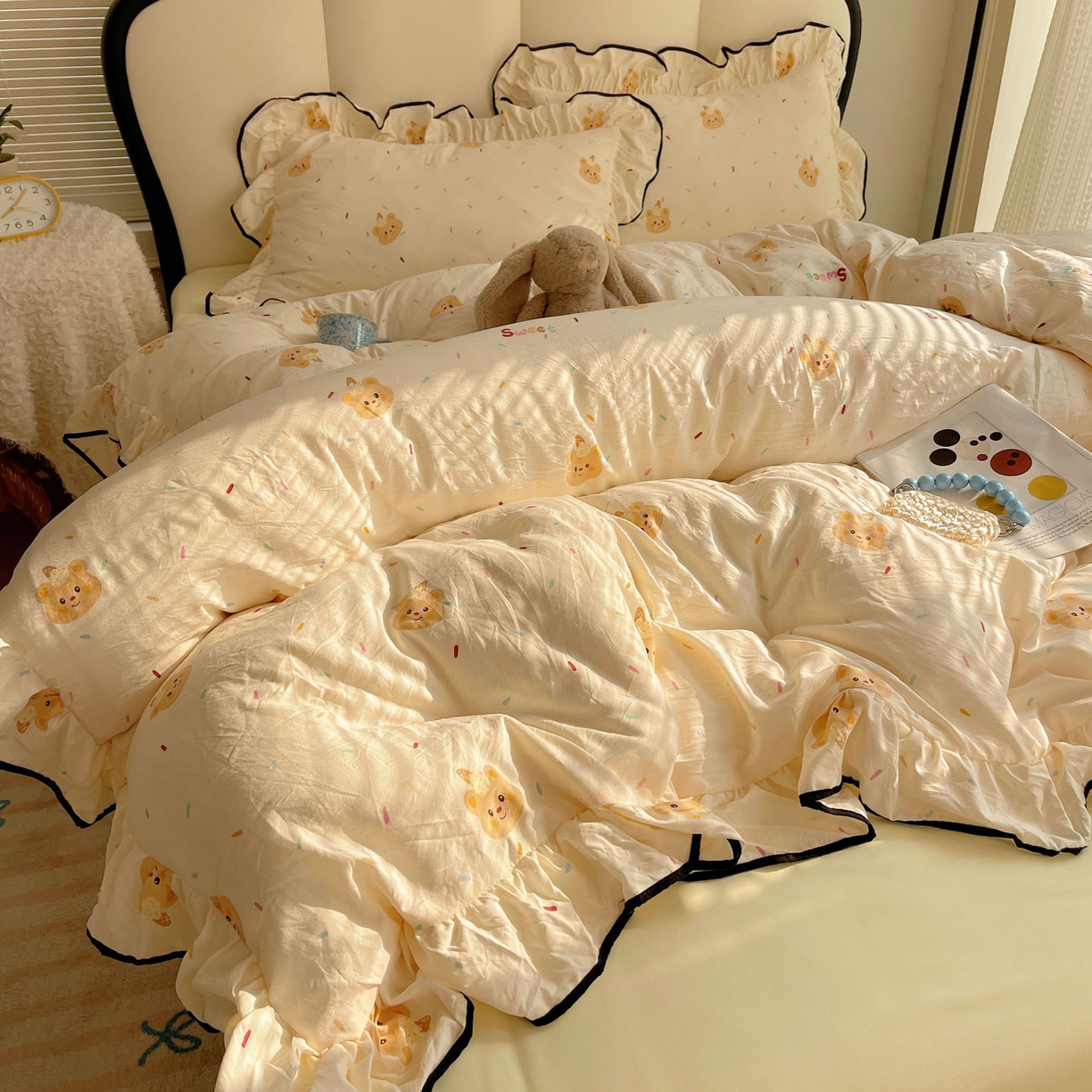 韩巢家纺 2026新款水洗棉花边款四件套 小熊冰淇淋【大花边款】