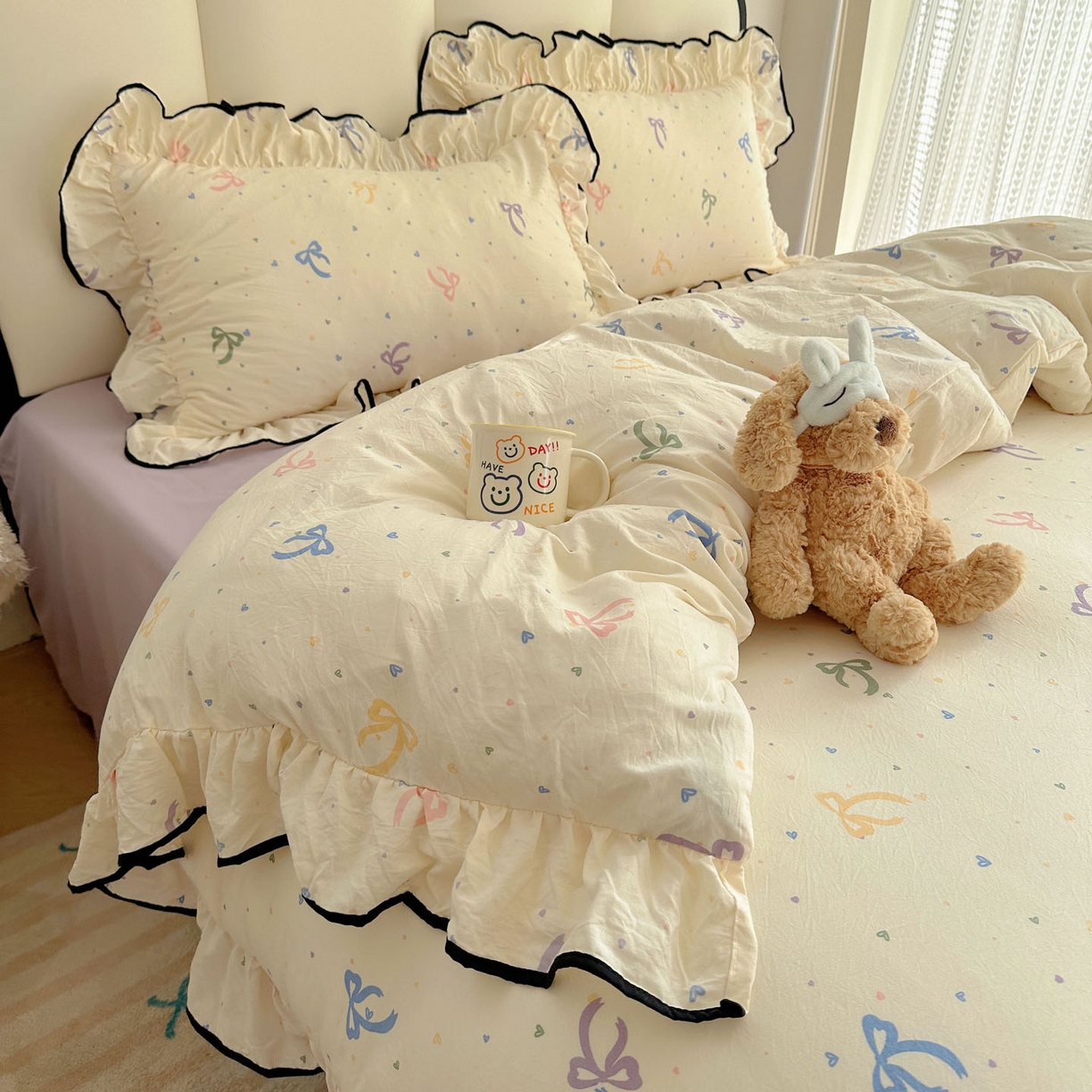 91家纺网 家纺一手货源 找家纺 韩巢家纺 2026新款水洗棉花边款四件套 星梦蝶结【大花边款】