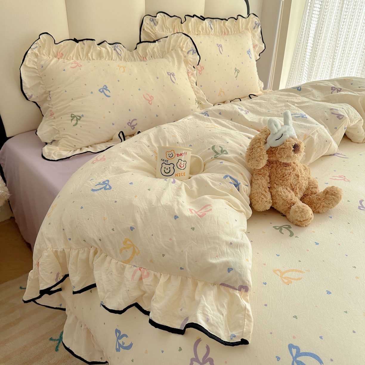 91家纺网 家纺一手货源 找家纺 韩巢家纺 2026新款水洗棉花边款四件套 星梦蝶结【大花边款】