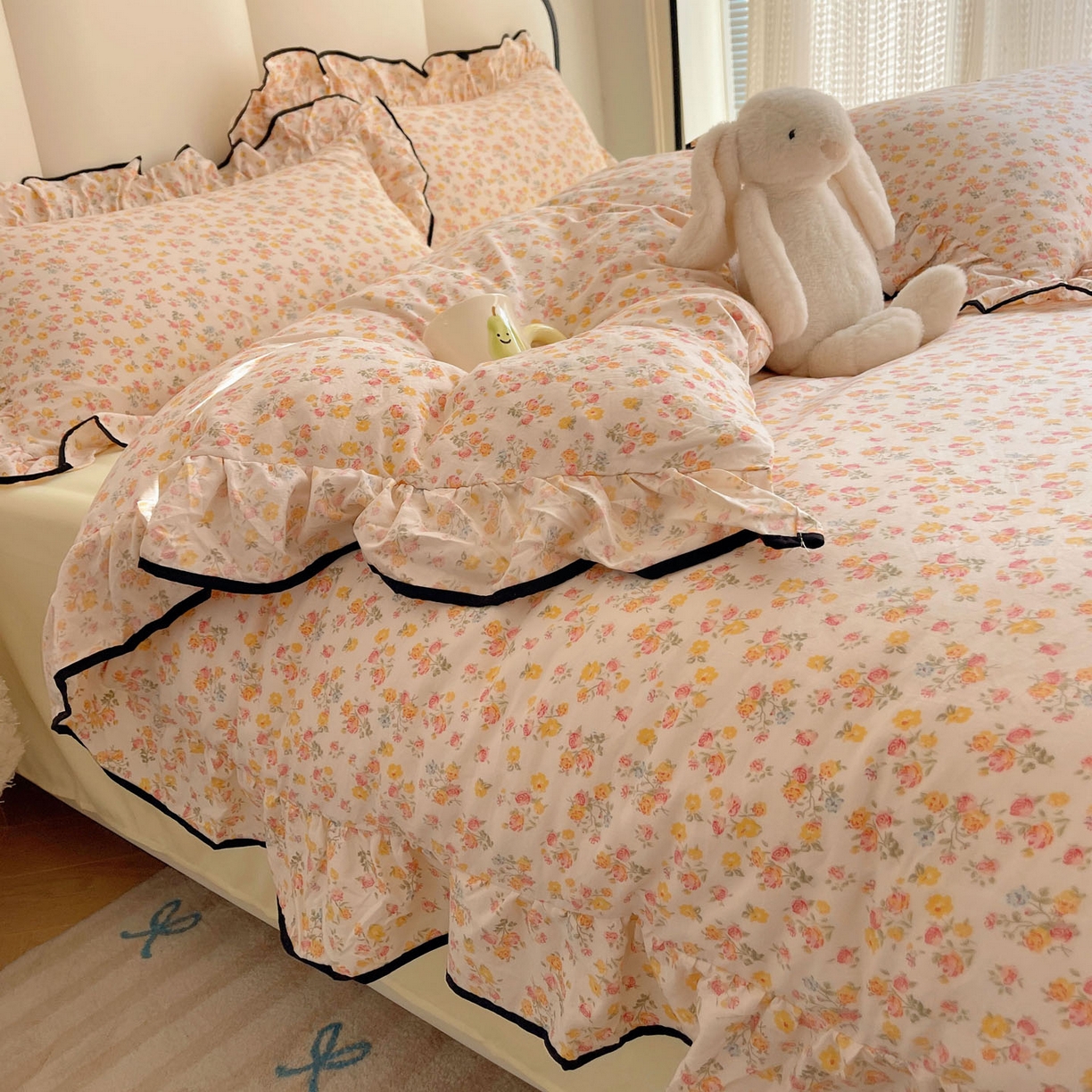 91家纺网 家纺一手货源 找家纺 韩巢家纺 2026新款水洗棉花边款四件套 久期诗朵-黄【大花边款】