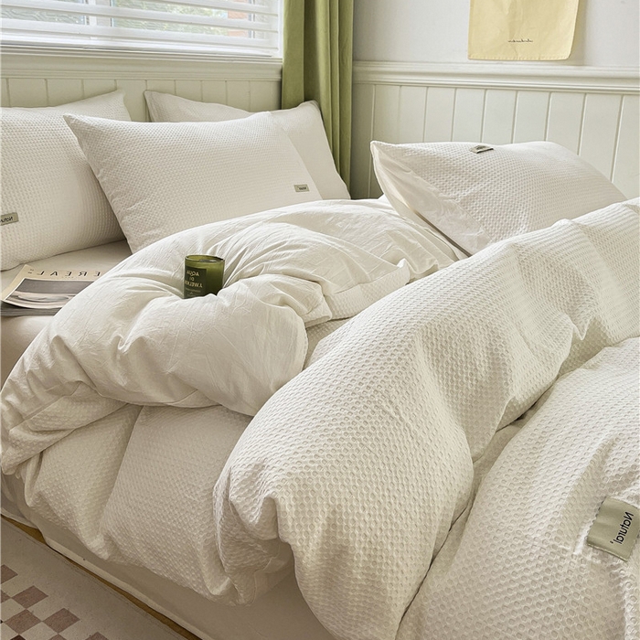 91家纺网 家纺一手货源 找家纺 琪格格纺织 2026新款纯棉色织肌理纹提花华夫格纯棉轻奢简约款四件套 华夫格-本白