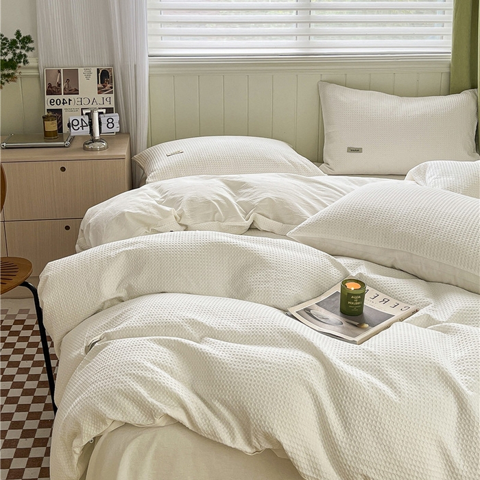 91家纺网 家纺一手货源 找家纺 琪格格纺织 2026新款纯棉色织肌理纹提花华夫格纯棉轻奢简约款四件套 华夫格-本白