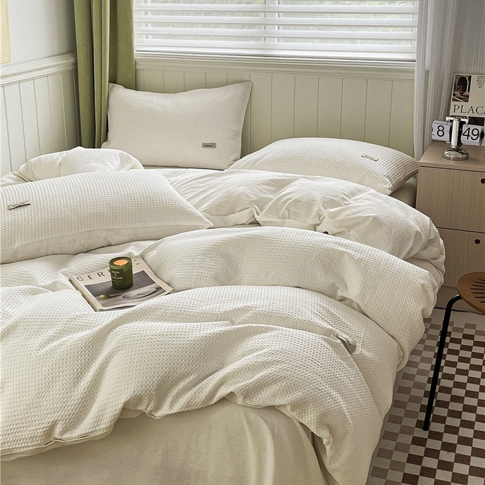 91家纺网 家纺一手货源 找家纺 琪格格纺织 2026新款纯棉色织肌理纹提花华夫格纯棉轻奢简约款四件套 华夫格-本白