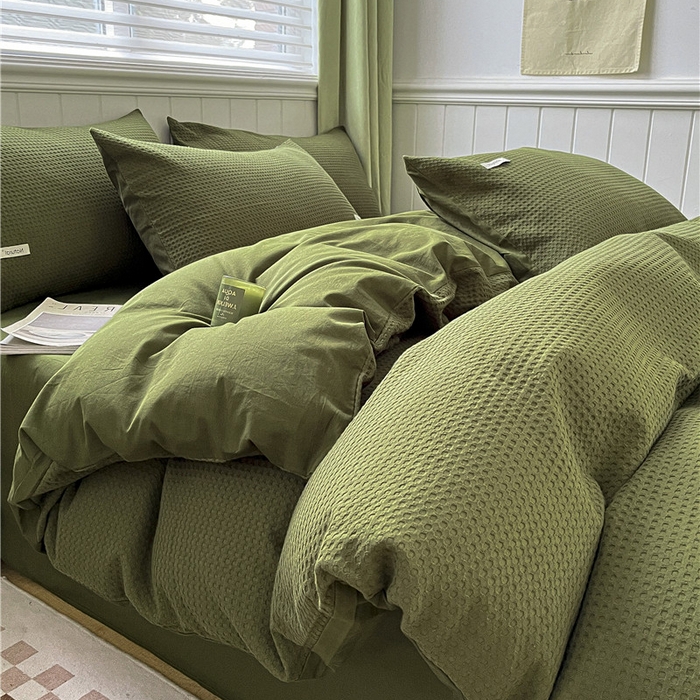 91家纺网 家纺一手货源 找家纺 琪格格纺织 2026新款纯棉色织肌理纹提花华夫格纯棉轻奢简约款四件套 华夫格-橄榄绿
