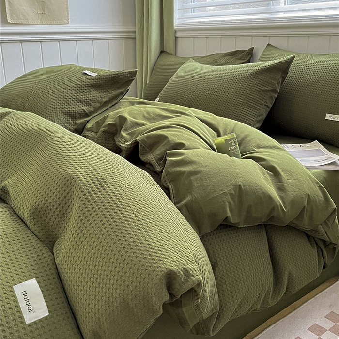 91家纺网 家纺一手货源 找家纺 琪格格纺织 2026新款纯棉色织肌理纹提花华夫格纯棉轻奢简约款四件套 华夫格-橄榄绿