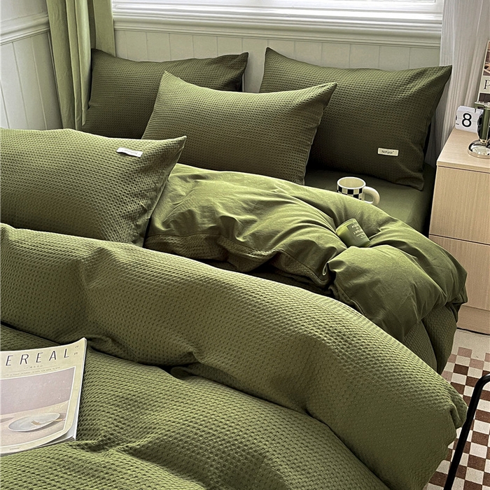 91家纺网 家纺一手货源 找家纺 琪格格纺织 2026新款纯棉色织肌理纹提花华夫格纯棉轻奢简约款四件套 华夫格-橄榄绿