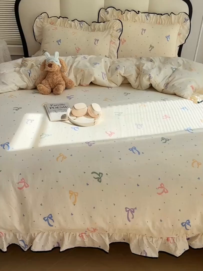 91家纺网 家纺一手货源 找家纺 韩巢家纺 2026新款水洗棉花边款四件套 星梦蝶结【大花边款】