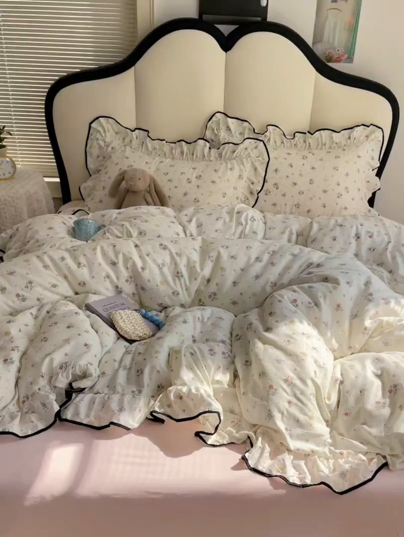 91家纺网 家纺一手货源 找家纺 韩巢家纺 2026新款水洗棉花边款四件套 繁花似梦【大花边款】