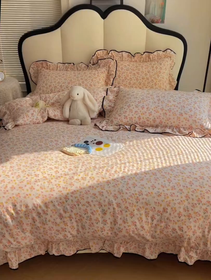 91家纺网 家纺一手货源 找家纺 韩巢家纺 2026新款水洗棉花边款四件套 久期诗朵-黄【大花边款】