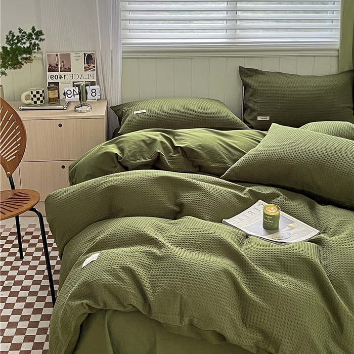 91家纺网 家纺一手货源 找家纺 琪格格纺织 2026新款纯棉色织肌理纹提花华夫格纯棉轻奢简约款四件套 华夫格-橄榄绿