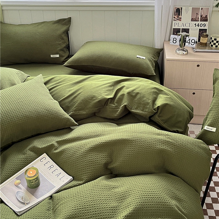 91家纺网 家纺一手货源 找家纺 琪格格纺织 2026新款纯棉色织肌理纹提花华夫格纯棉轻奢简约款四件套 华夫格-橄榄绿