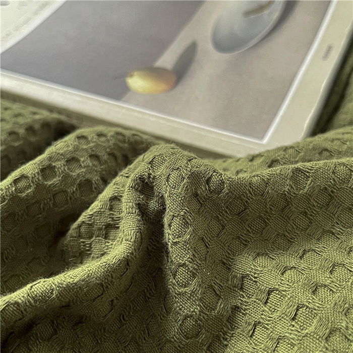 91家纺网 家纺一手货源 找家纺 琪格格纺织 2026新款纯棉色织肌理纹提花华夫格纯棉轻奢简约款四件套 华夫格-橄榄绿