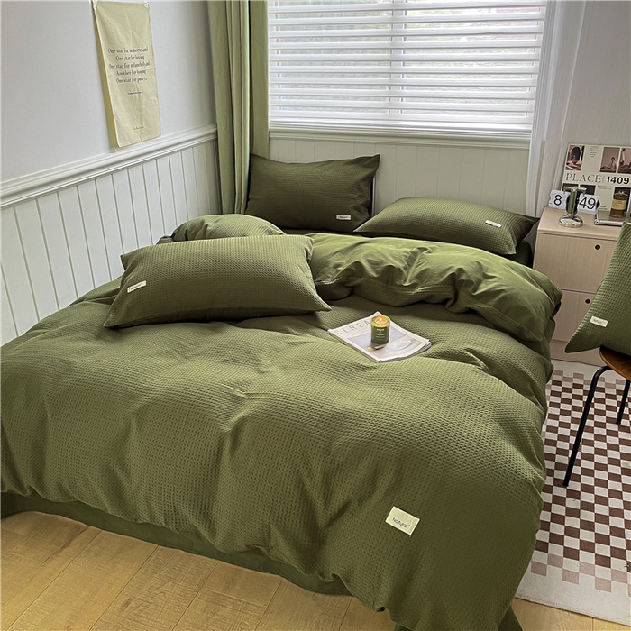 91家纺网 家纺一手货源 找家纺 琪格格纺织 2026新款纯棉色织肌理纹提花华夫格纯棉轻奢简约款四件套 华夫格-橄榄绿