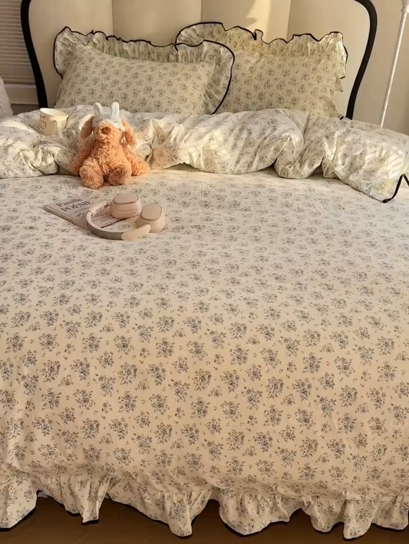 91家纺网 家纺一手货源 找家纺 韩巢家纺 2026新款水洗棉花边款四件套 花时宇间【大花边款】
