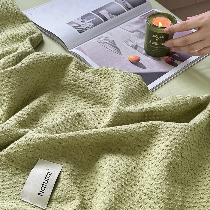 91家纺网 家纺一手货源 找家纺 琪格格纺织 2026新款纯棉色织肌理纹提花华夫格纯棉轻奢简约款四件套 华夫格-黄绿色