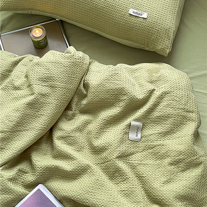 91家纺网 家纺一手货源 找家纺 琪格格纺织 2026新款纯棉色织肌理纹提花华夫格纯棉轻奢简约款四件套 华夫格-黄绿色