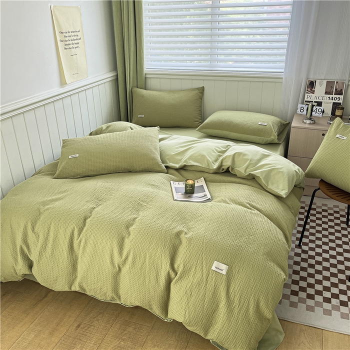 91家纺网 家纺一手货源 找家纺 琪格格纺织 2026新款纯棉色织肌理纹提花华夫格纯棉轻奢简约款四件套 华夫格-黄绿色