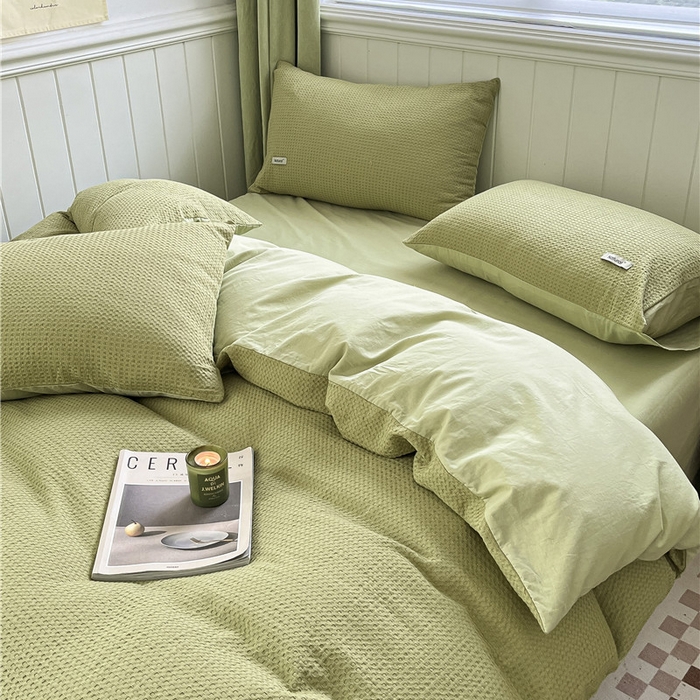 91家纺网 家纺一手货源 找家纺 琪格格纺织 2026新款纯棉色织肌理纹提花华夫格纯棉轻奢简约款四件套 华夫格-黄绿色