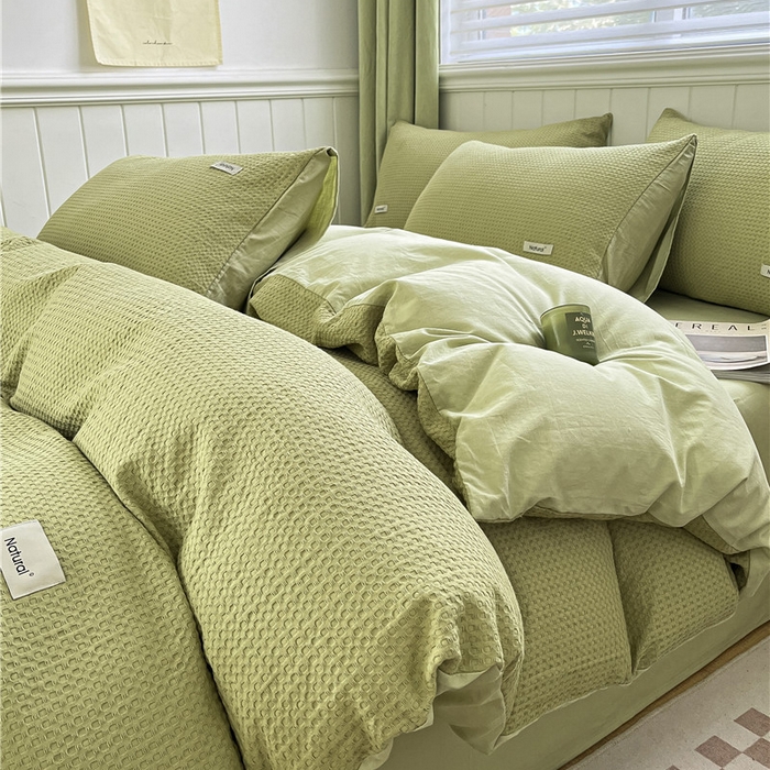 91家纺网 家纺一手货源 找家纺 琪格格纺织 2026新款纯棉色织肌理纹提花华夫格纯棉轻奢简约款四件套 华夫格-黄绿色