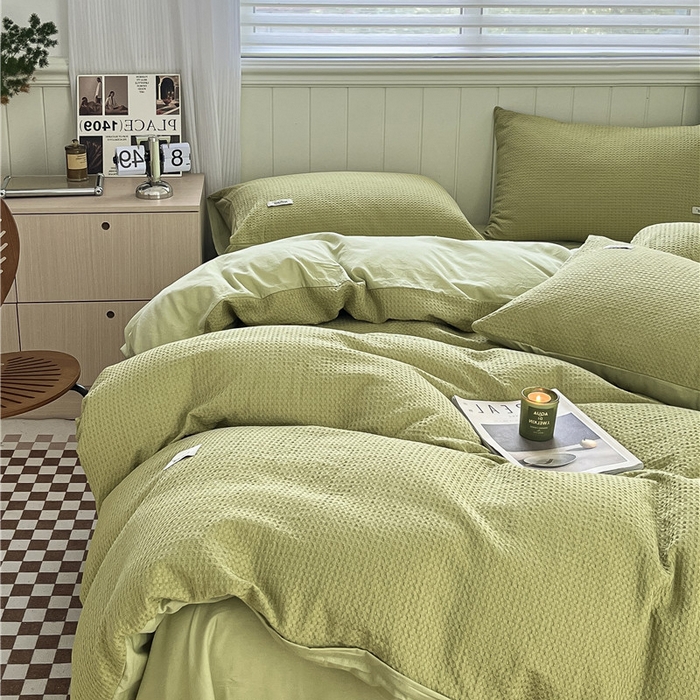 91家纺网 家纺一手货源 找家纺 琪格格纺织 2026新款纯棉色织肌理纹提花华夫格纯棉轻奢简约款四件套 华夫格-黄绿色