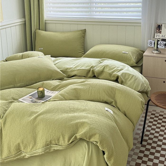 91家纺网 家纺一手货源 找家纺 琪格格纺织 2026新款纯棉色织肌理纹提花华夫格纯棉轻奢简约款四件套 华夫格-黄绿色