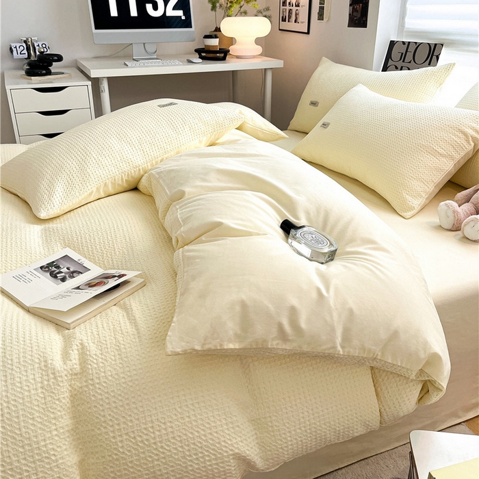 琪格格纺织 2026新款纯棉色织肌理纹提花华夫格纯棉轻奢简约款四件套 华夫格-奶昔黄