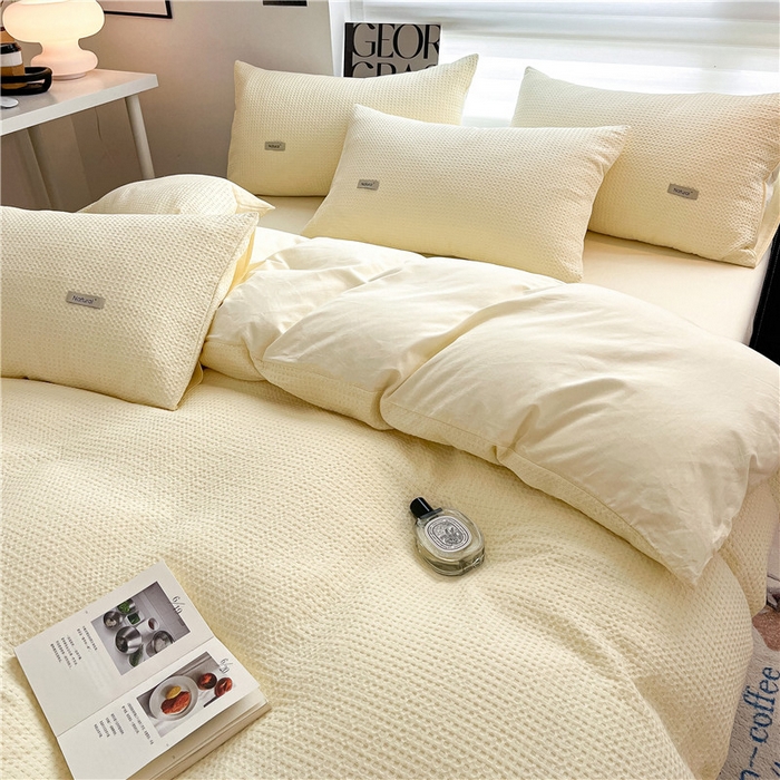 91家纺网 家纺一手货源 找家纺 琪格格纺织 2026新款纯棉色织肌理纹提花华夫格纯棉轻奢简约款四件套 华夫格-奶昔黄